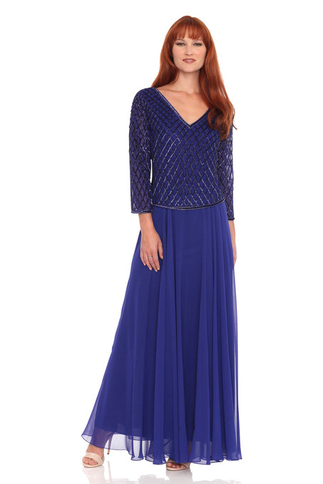 j kara V-Neck Chiffon Beaded Dress Royal