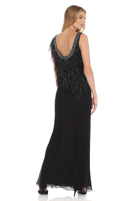 J Kara One Shoulder Flutter Sleeve Beaded Bias Dress Black