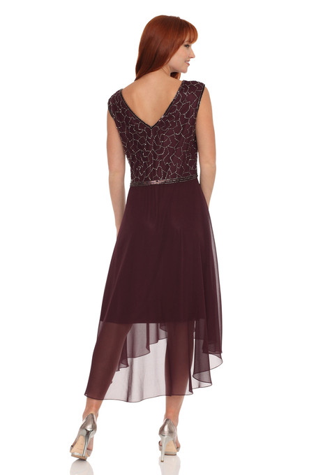 J Kara Sheer Neckline With High & Low Hem Line Dress Wine