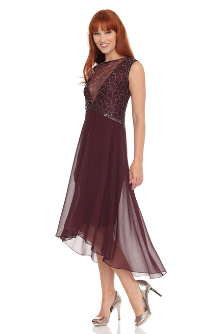 J Kara Sheer Neckline With High & Low Hem Line Dress Wine