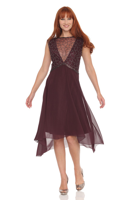 J Kara Sheer Neckline With High & Low Hem Line Dress Wine