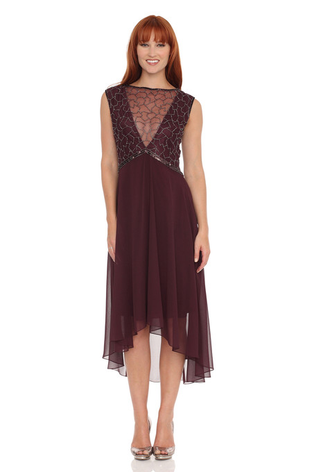 j kara Sheer neckline with High & low hem line Dress Wine