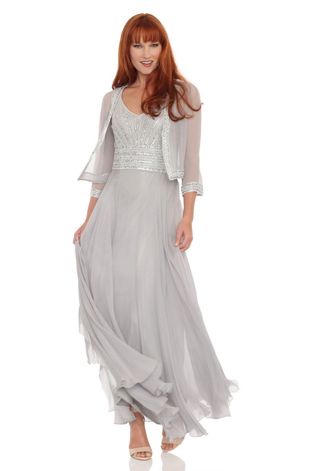 J Kara Sleeveless Beaded Chiffon Dress & Jacket Silver / White