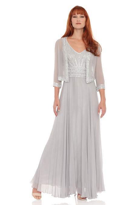 J Kara Sleeveless Beaded Chiffon Dress & Jacket Silver / White