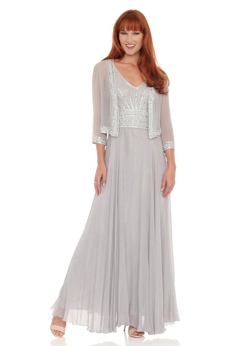 j kara Sleeveless Beaded Chiffon Dress & Jacket Silver / White