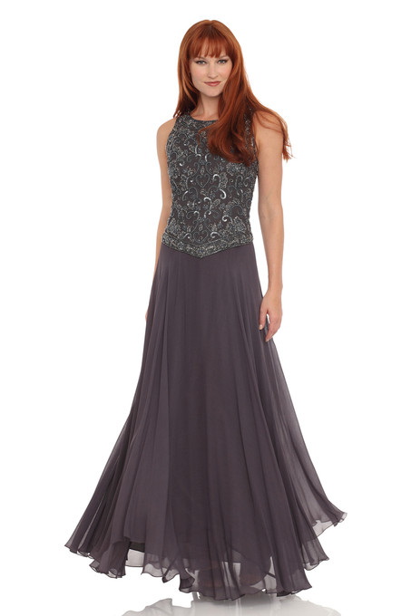 J Kara Sleeveless Beaded Chiffon Dress Slate/Mercury