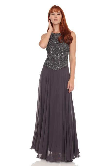 j kara Sleeveless Beaded Chiffon Dress Slate/Mercury