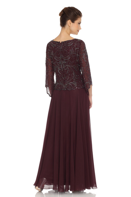 J Kara Three-Quarter-Sleeve Embellished Overlay Dress Wine