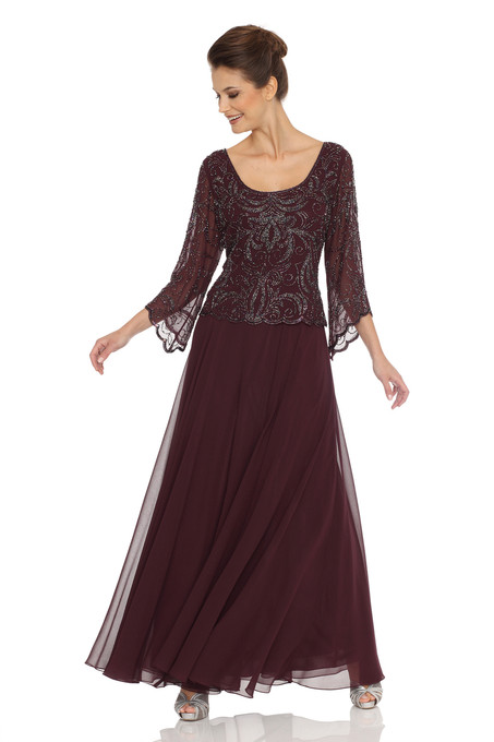 J Kara Three-Quarter-Sleeve Embellished Overlay Dress Wine