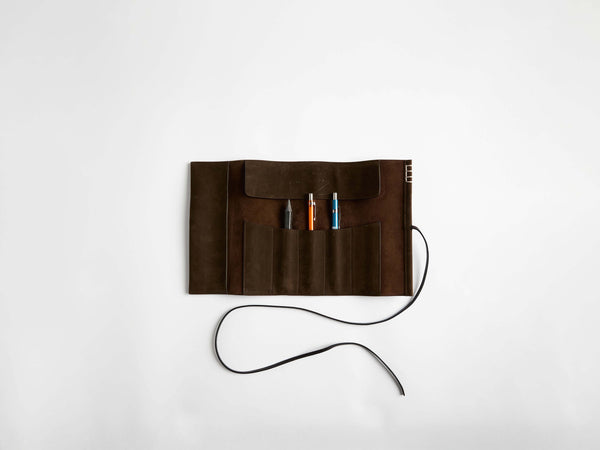 J.w.anderson Leather Pen Roll Case In Dark Brown