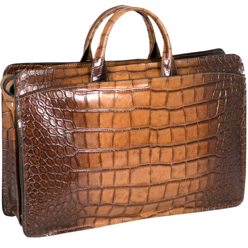 Jack Georges Hand Brushed Croco Double Gusset Top Zip Briefcase #K202