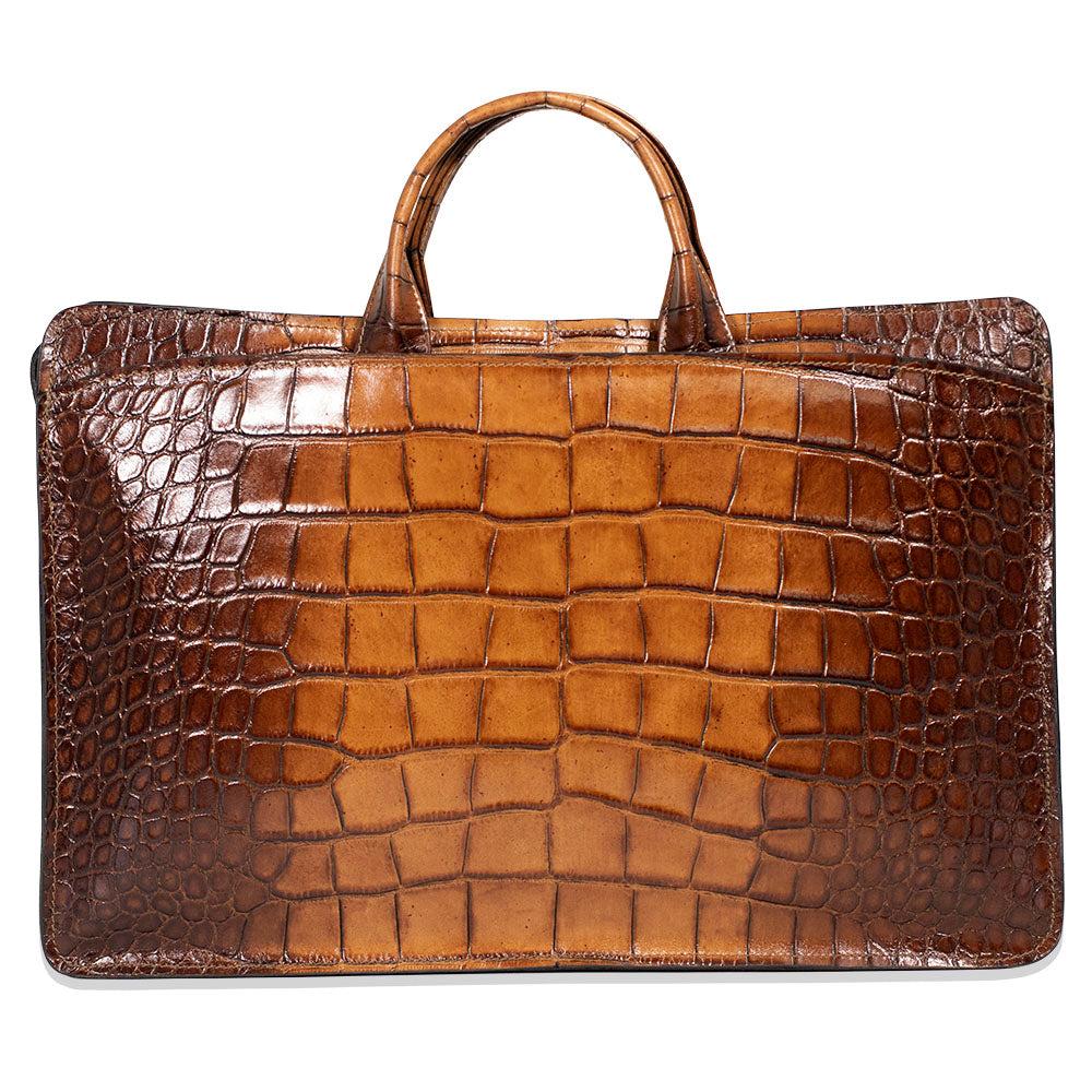 Jack Georges Hand Brushed Croco Double Gusset Top Zip Briefcase #K202