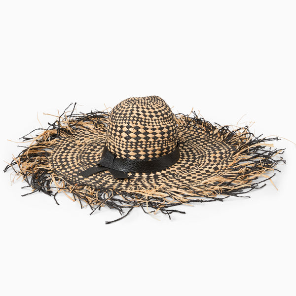 jack rogers Agneta Italian Leather Raffia Hat Black Natural