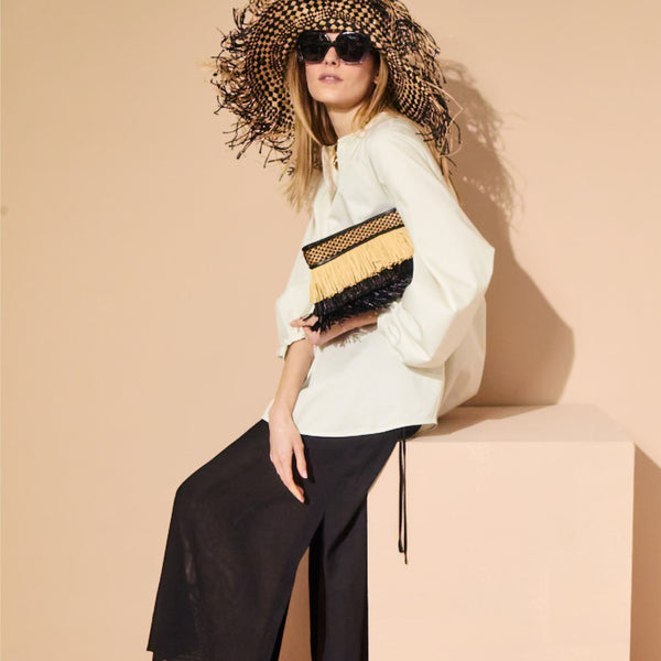 Jack Rogers Elba Italian Leather & Raffia Top Zip Purse Black Natural