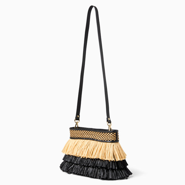 Jack Rogers Elba Italian Leather & Raffia Top Zip Purse Black Natural