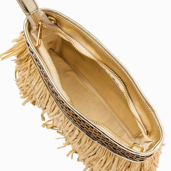 Jack Rogers Elba Italian Leather & Raffia Top Zip Purse Natural Platinum