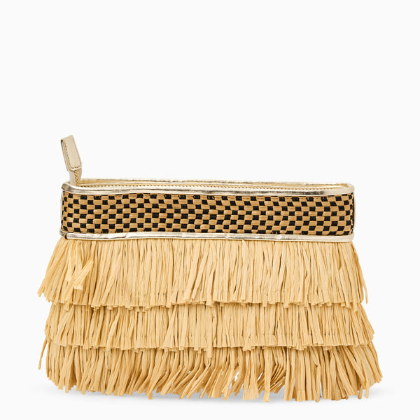 Jack Rogers Elba Italian Leather & Raffia Top Zip Purse Natural Platinum