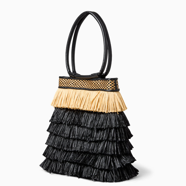 Jack Rogers Isola Italian Leather Raffia Shoulder Bag Black Natural