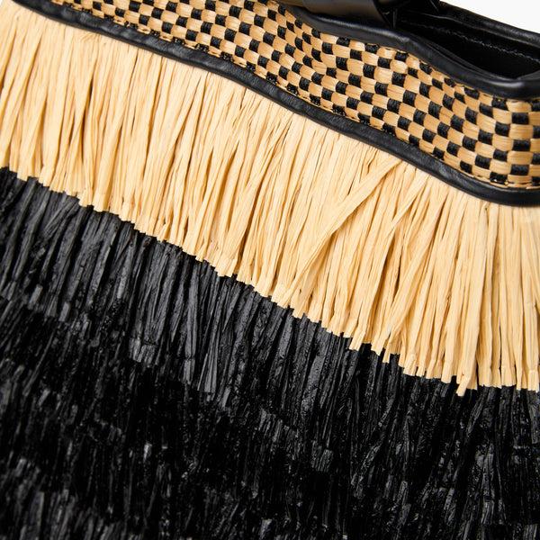 Jack Rogers Isola Italian Leather Raffia Shoulder Bag Black Natural