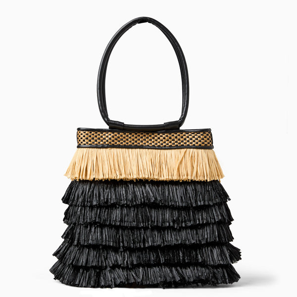 jack rogers Isola Italian Leather Raffia Shoulder Bag Black Natural