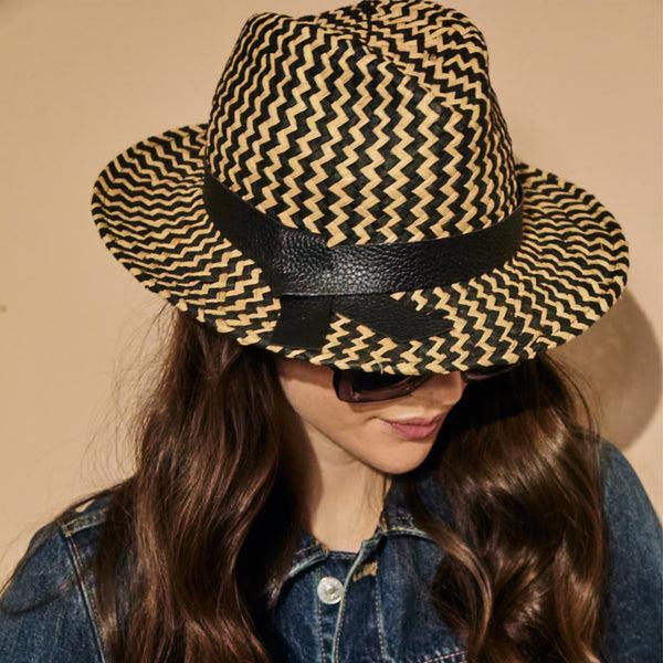 Jack Rogers Sardegne Italian Leather Raffia Fedora Black Natural
