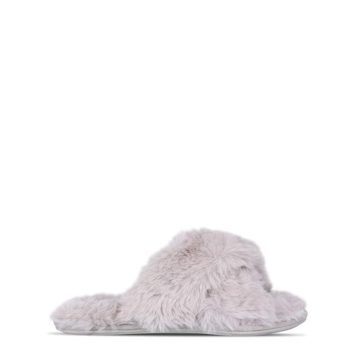 Jack Wills Fluffy Cross Strap Slippers Light Grey