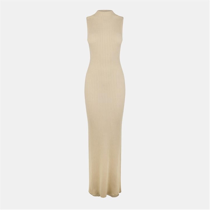 Jack Wills High Neck Ribbed Maxi Dress Stone