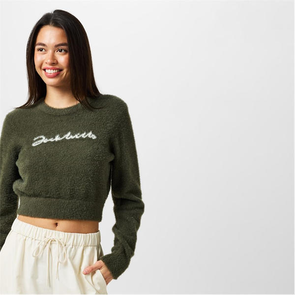 Jack Wills Knit Jacquard Cropped Sweatshirt Dark Khaki