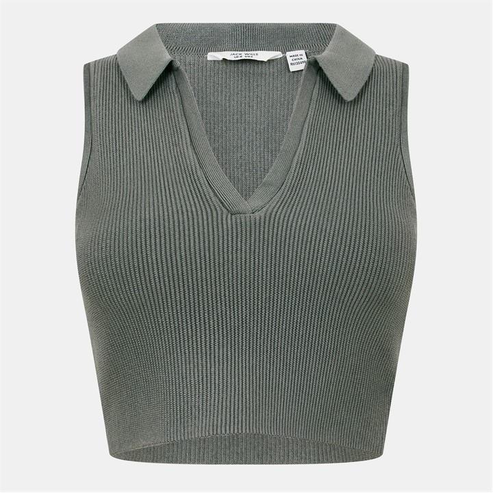 Jack Wills Knitted Polo Crop Top Muted Khaki