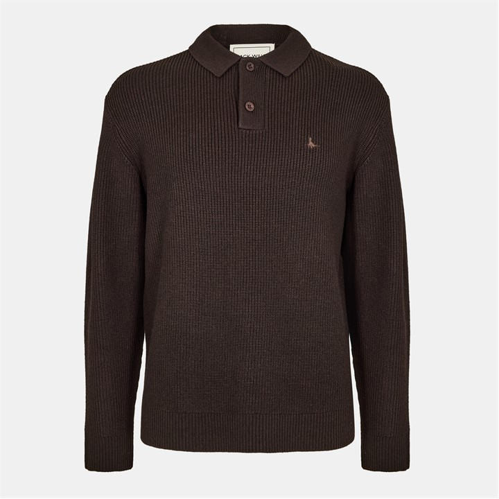 Jack Wills LS Button Knit Polo Men Black Coffee