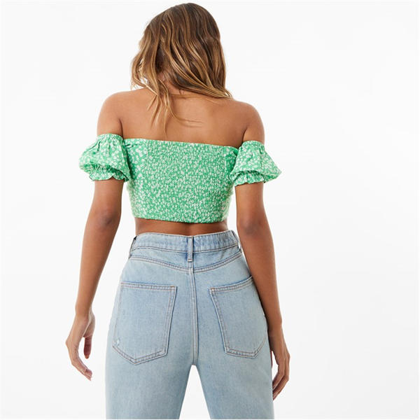 Jack Wills Off Shoulder Crop Top Green Print