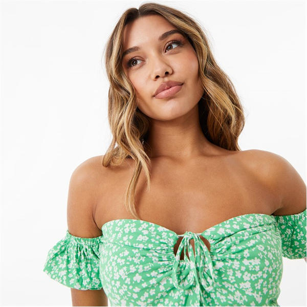 Jack Wills Off Shoulder Crop Top Green Print