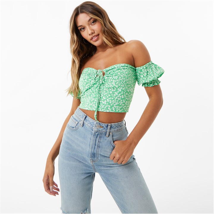 Jack Wills Off Shoulder Crop Top Green Print