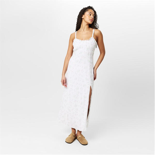 Jack Wills Ruched Midi Slit Dress White/Pink Dits