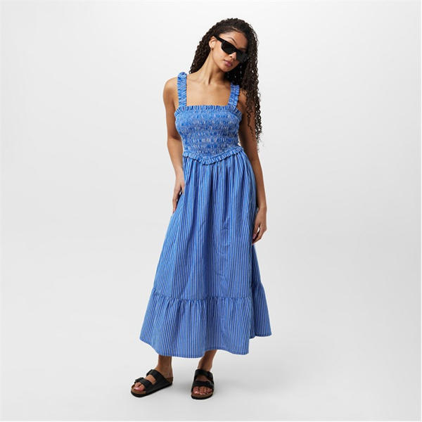 Jack Wills Shirred Striped Maxi Dress Blue Stripe