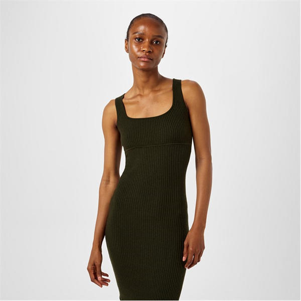 Jack Wills Square Neck Ribbed Maxi Dress Dark Khaki