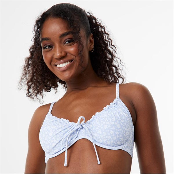 Jack Wills Underwired Tie Front Bikini Top Blue Ditsy