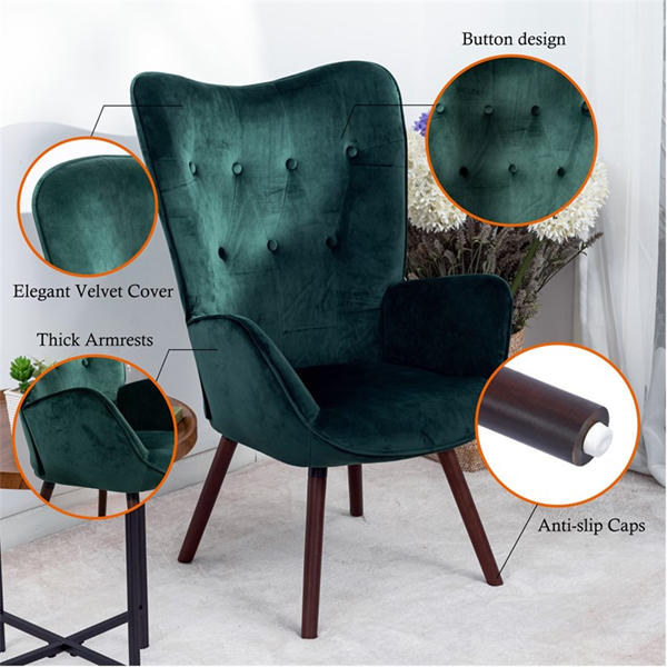 Jack Wills Velvet Accent Chair With Arms – Green Wingback Armchair With Button Tufted Backrest And Wood Legs Green Velvet