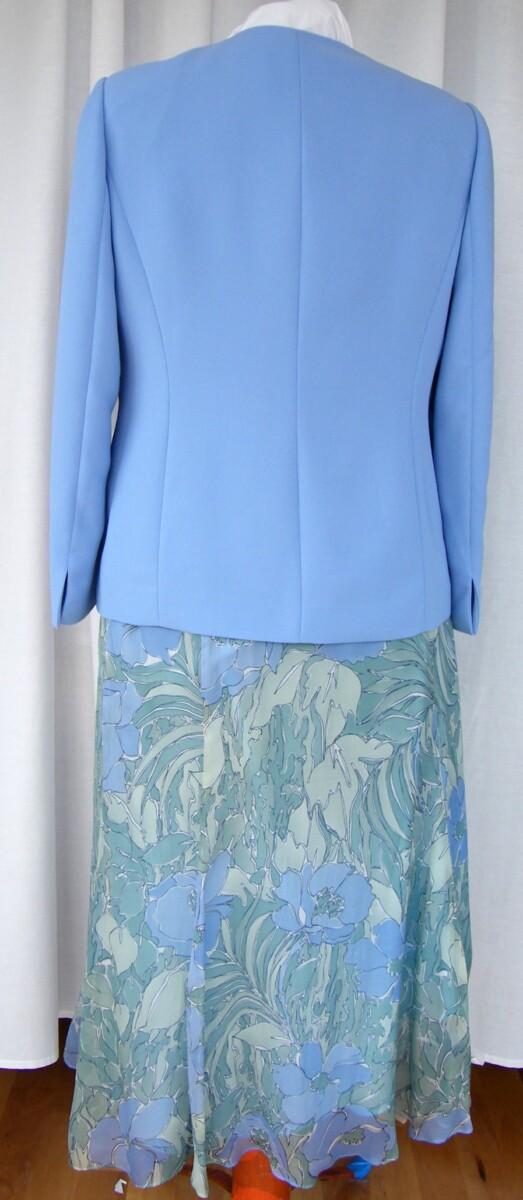 Jacques Vert 100% SILK SKIRT & TOP IN GREENS & BLUES FLORAL PRINT & MATCHING BLUE WOVEN JACKET