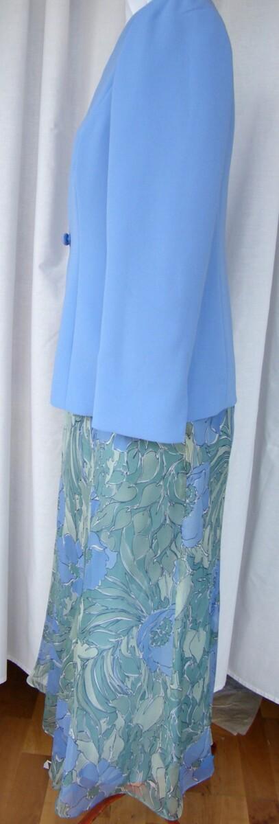 Jacques Vert 100% SILK SKIRT & TOP IN GREENS & BLUES FLORAL PRINT & MATCHING BLUE WOVEN JACKET