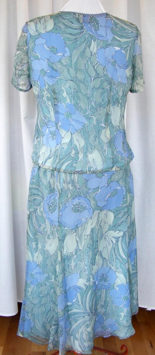 Jacques Vert 100% SILK SKIRT & TOP IN GREENS & BLUES FLORAL PRINT & MATCHING BLUE WOVEN JACKET