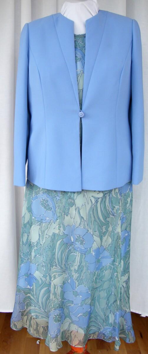 jacques vert 100% SILK SKIRT & TOP IN GREENS & BLUES FLORAL PRINT & MATCHING BLUE WOVEN JACKET