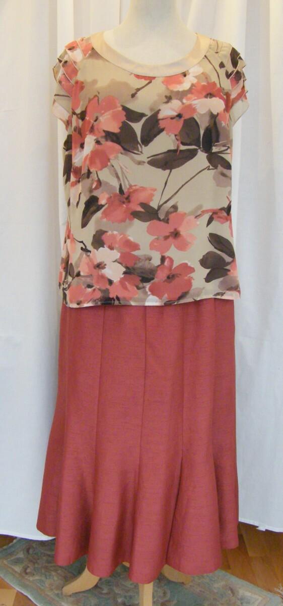 Jacques Vert 2 IN 0NE OLD GOLD OUTFIT TERRACOTTA SHANTUNG JACKET & SKIRT CHIFFON FLORAL PRINT TOP & SKIRT