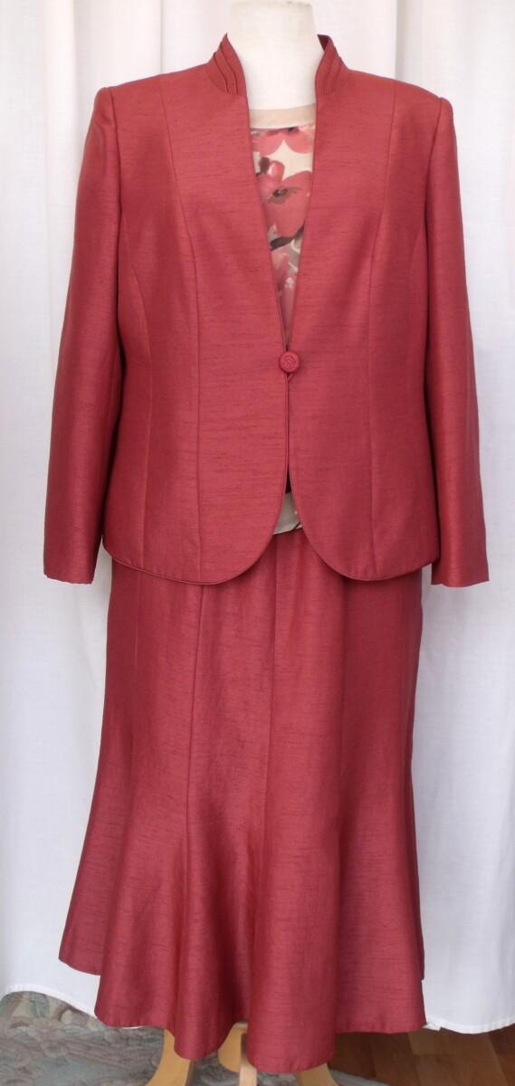 jacques vert 2 IN 0NE OLD GOLD OUTFIT TERRACOTTA SHANTUNG JACKET & SKIRT CHIFFON FLORAL PRINT TOP & SKIRT