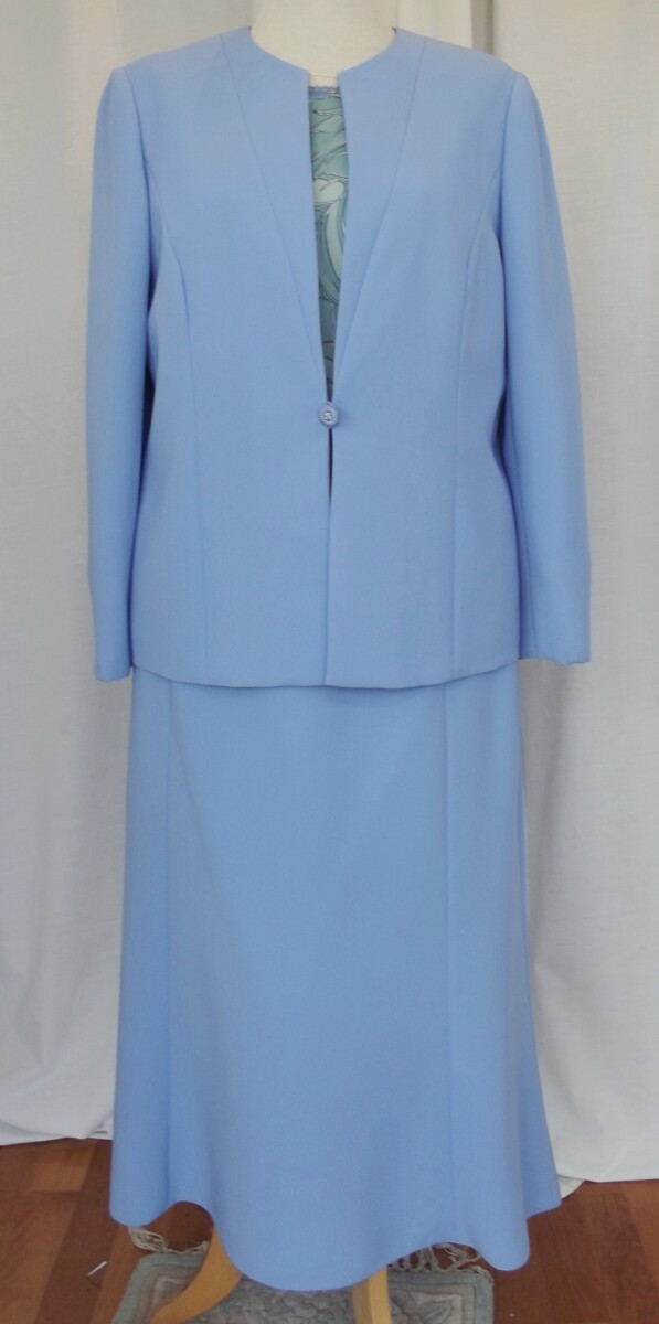 jacques vert 2 IN 0NE OUTFIT 100% SILK SKIRT & TOP IN GREENS & BLUES PRINT & BLUE WOVEN JACKET & SKIRT