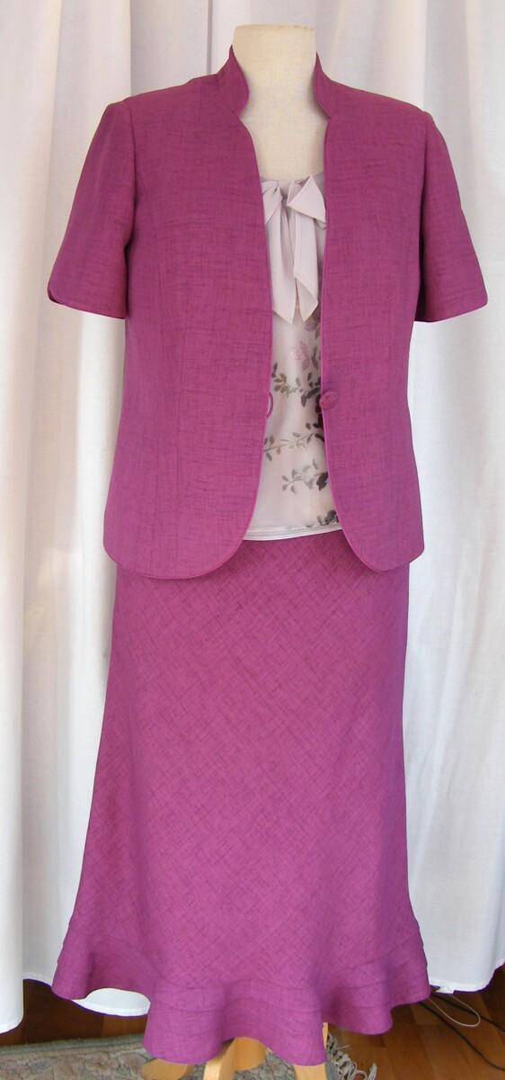 jacques vert 2 IN 1 “JEWEL” RANGE PEARL GREY 45% SILK DEVORE SKIRT & TOP CERISE PRINT & CERISE WOVEN JACKET & SKIRT