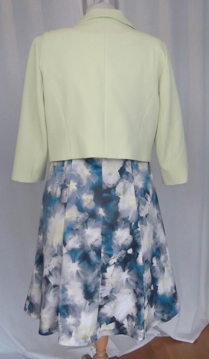 Jacques Vert A LINE DRESS IN TURQUOISE GREY & LIME GREEN FLORAL PRINT & MATCHING LIME GREEN CREPE DRAPE JACKET