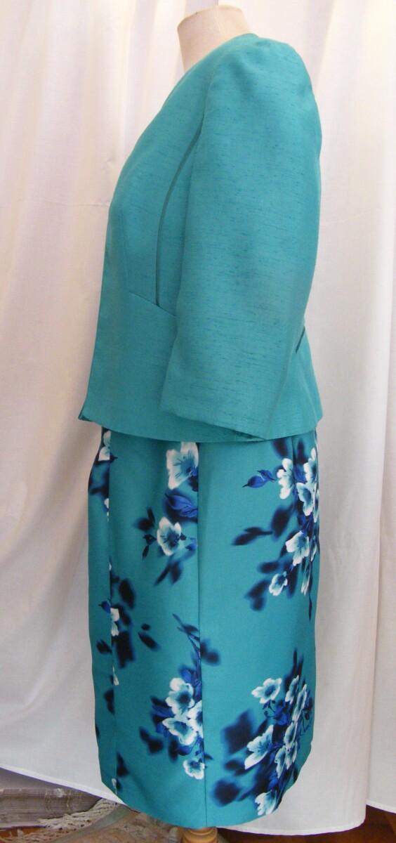 Jacques Vert AEGEAN GREEN SHANTUNG SHIFT DRESS FLOWER SPRAY PRINT & MATCHING AEGEAN SHANTUNG JACKET
