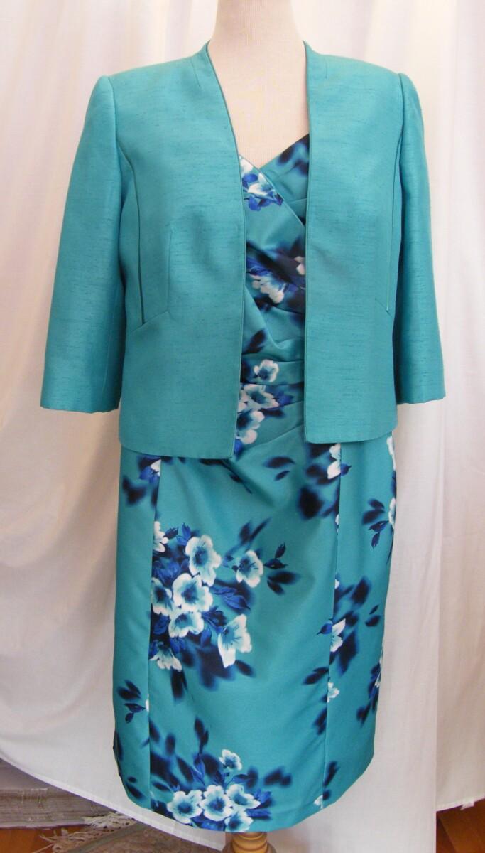 jacques vert AEGEAN GREEN SHANTUNG SHIFT DRESS FLOWER SPRAY PRINT & MATCHING AEGEAN SHANTUNG JACKET