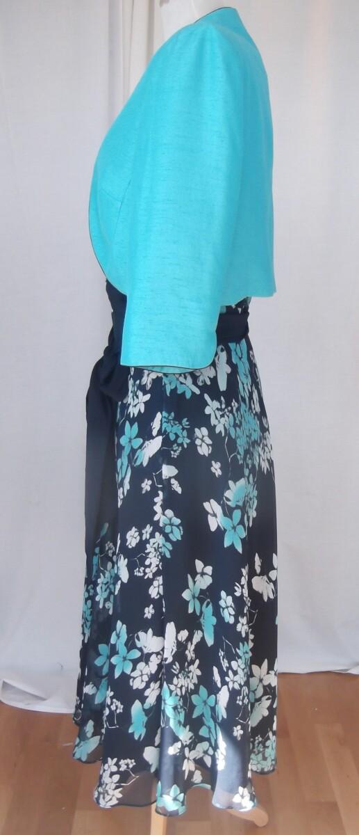 Jacques Vert AEGEAN RANGE FIT & FLARE DRESS IN NAVY BLUE CREPE CHIFFON AEGEAN GREEN FLORAL PRINT & AEGEAN GREEN SHANTUNG SHORT JACKET OPTIONAL NAVY CHIFFON SASH